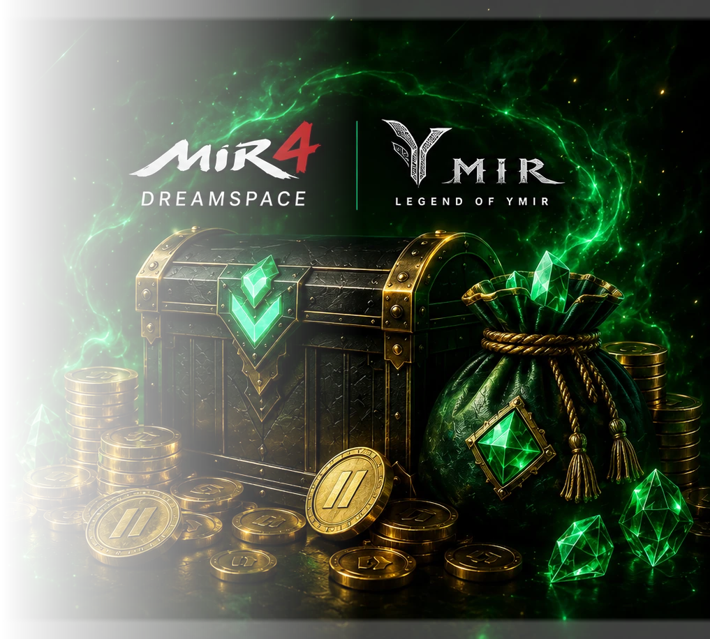 Baú, moedas e gemas de Cash da BPay Gaming, com os logos de MIR4 Dreamscape e Ymir